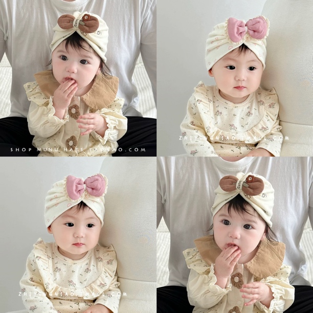 新生儿秋冬款蝴蝶结套头帽护囟门帽0-6个月印度帽小月龄胎帽磨毛