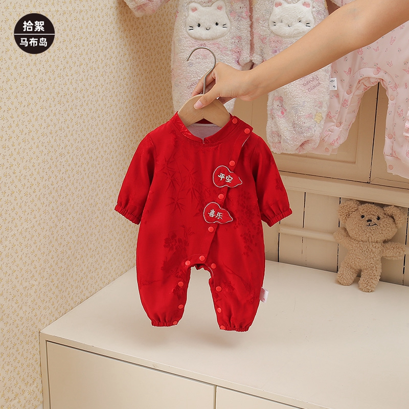 宝宝百天衣服婴儿中国风秋装汉服双层连体衣周岁礼服红色公主哈衣