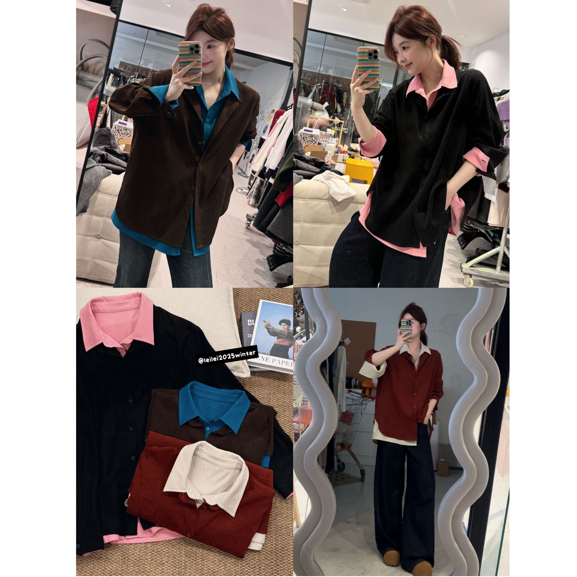 晶咕【双生花！】冬季撞色拼接假两件宽松衬衫外套