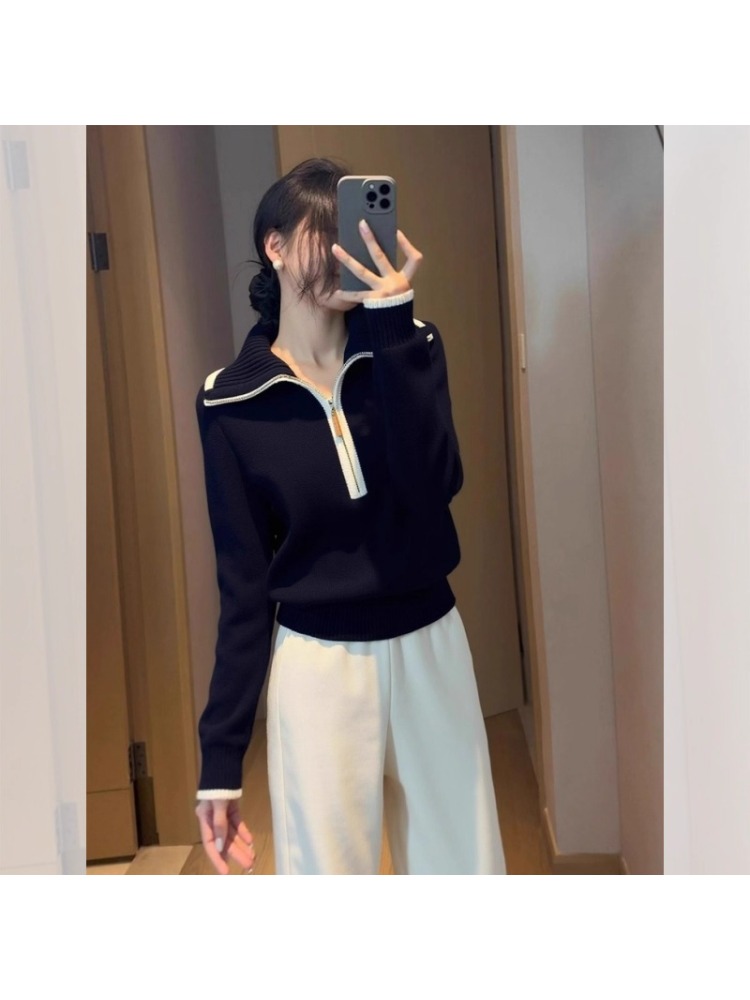 撞色半拉链翻领针织衫毛衣女2025秋冬新款慵懒风百搭减龄显瘦上衣