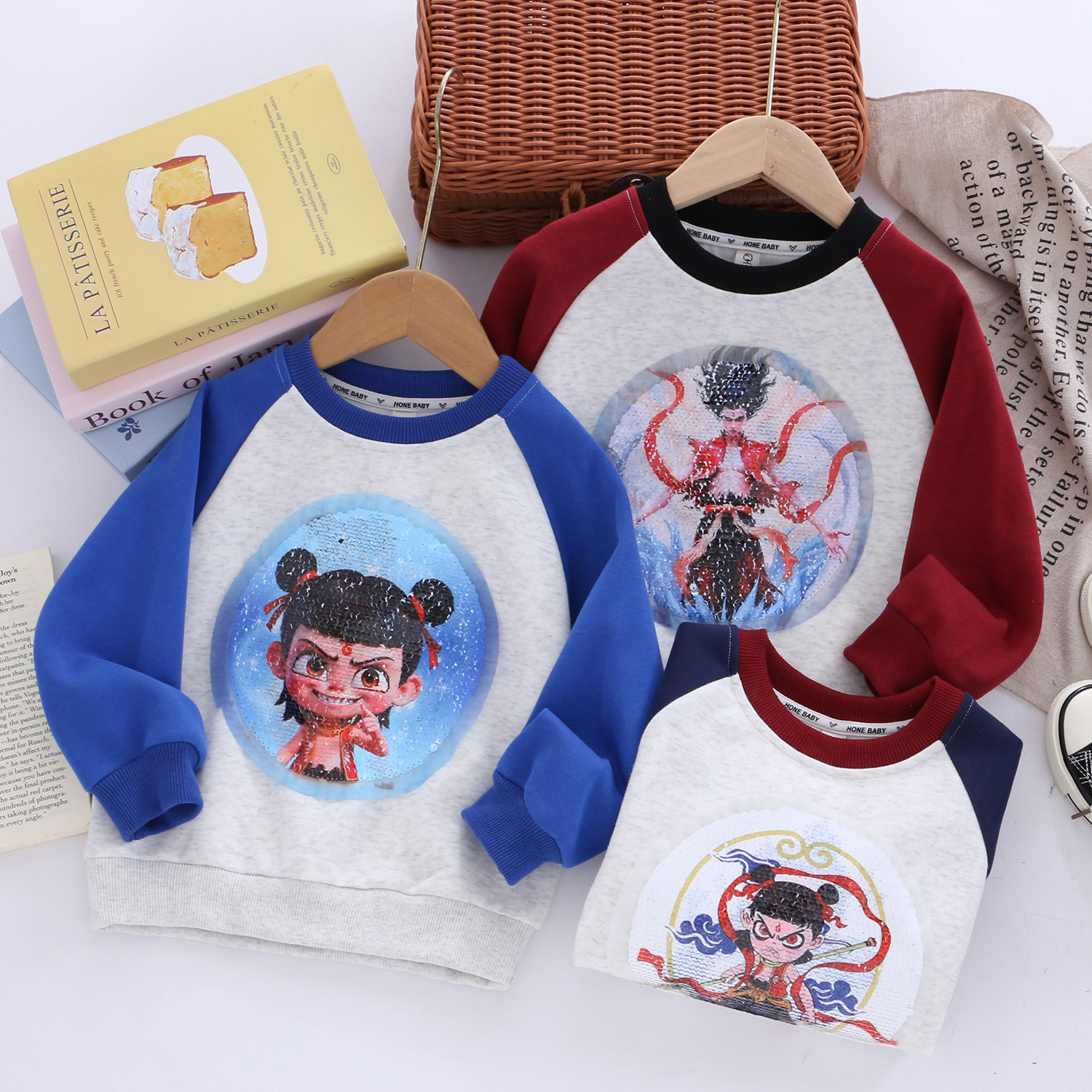 儿童纯棉变色亮片哪吒卫衣男童女童春秋新款国风卫衣