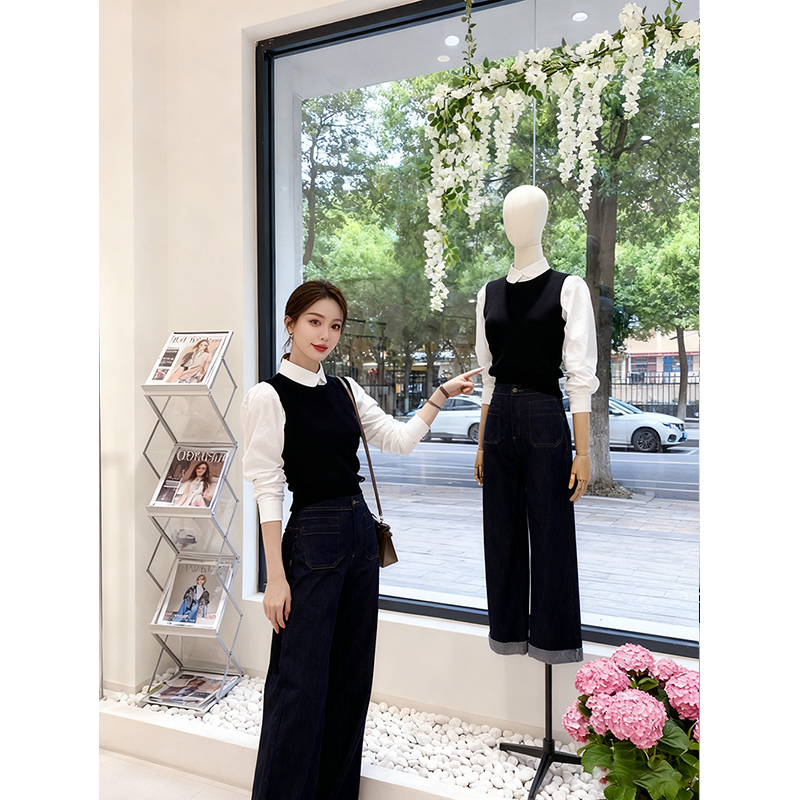 2025秋季法式别致独特上衣设计感小众不撞款黑色针织马甲两件套装