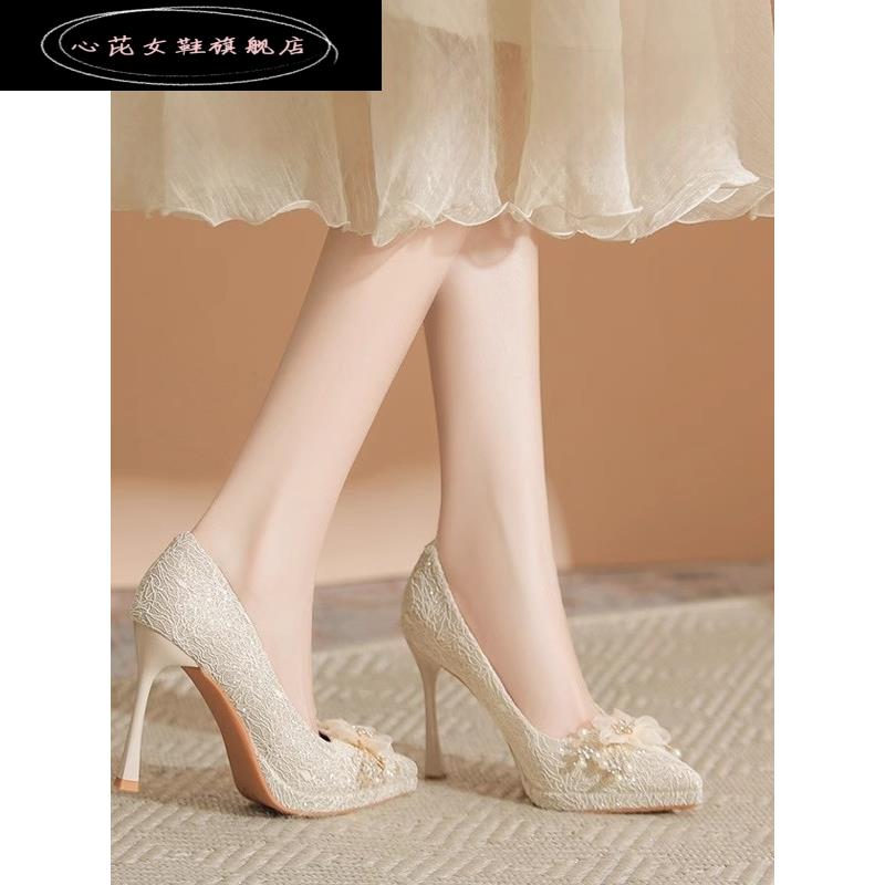 心芘2025年新款法国新娘婚纱细跟婚礼鞋妇女鞋不累防水平台高跟鞋