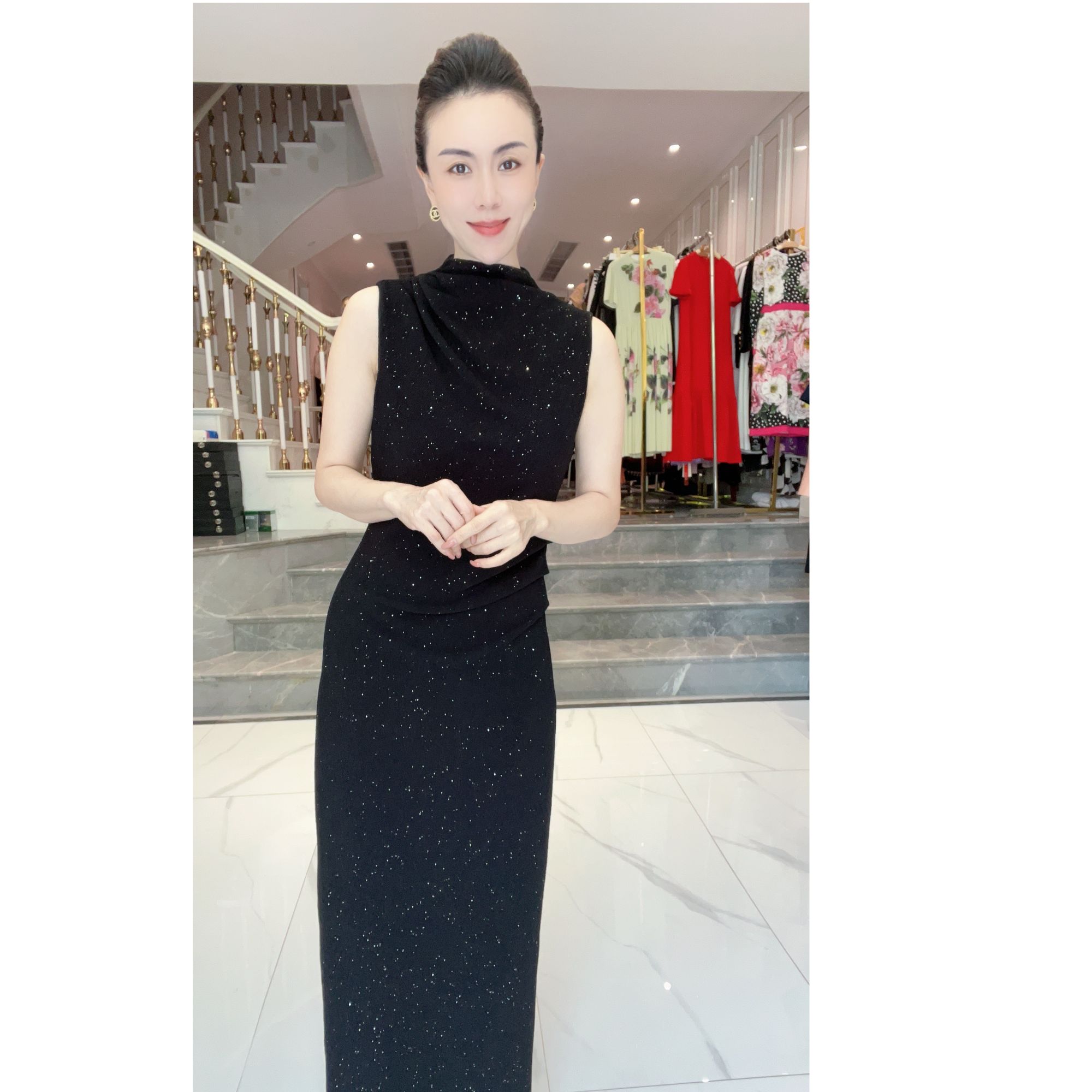 6051【满天星】研家轻奢醋酸针织优雅气质收腰显瘦不规则无袖连衣裙