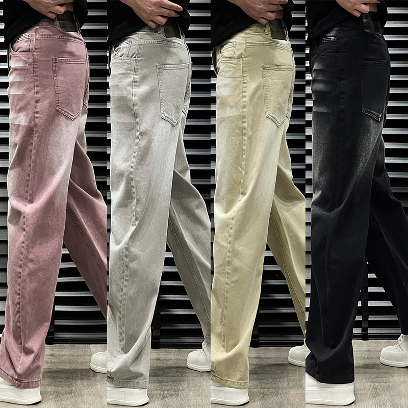 多色渐变牛仔裤男夏季水洗复古宽松做旧阔腿裤时尚潮流高街直筒裤