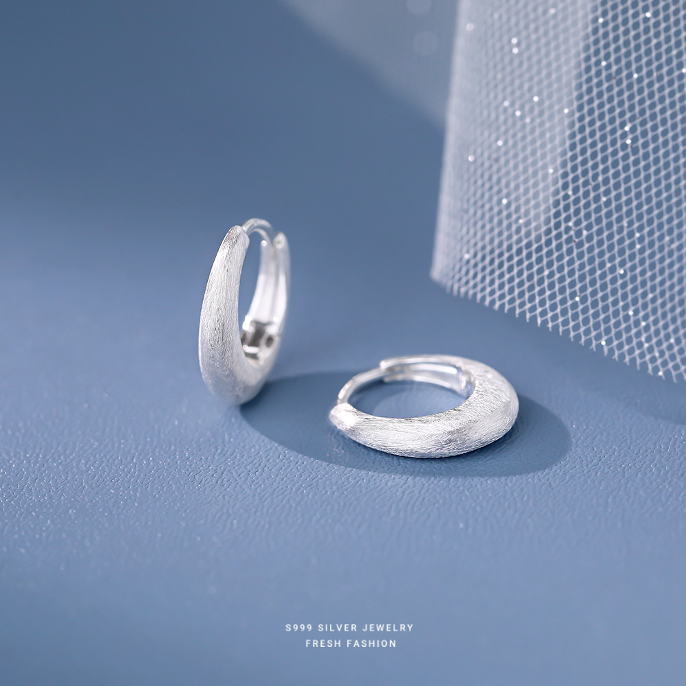 925银耳饰 S925纯银拉丝素圈耳环轻奢设计感冷淡风素款耳圈百搭女