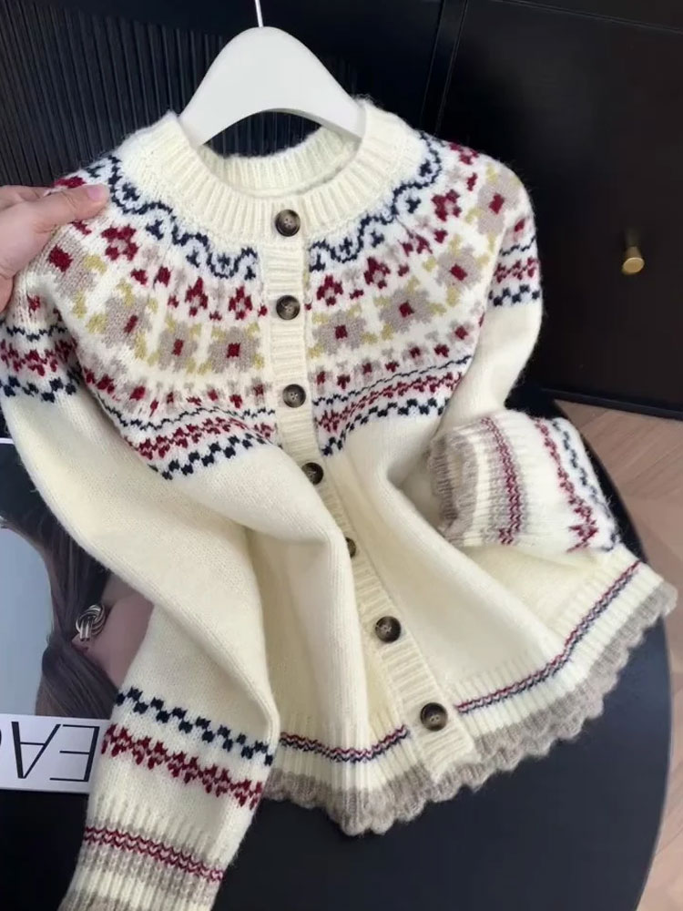 韩系费尔岛毛衣时尚设计感百搭加厚针织上衣秋冬质感开衫针织衫