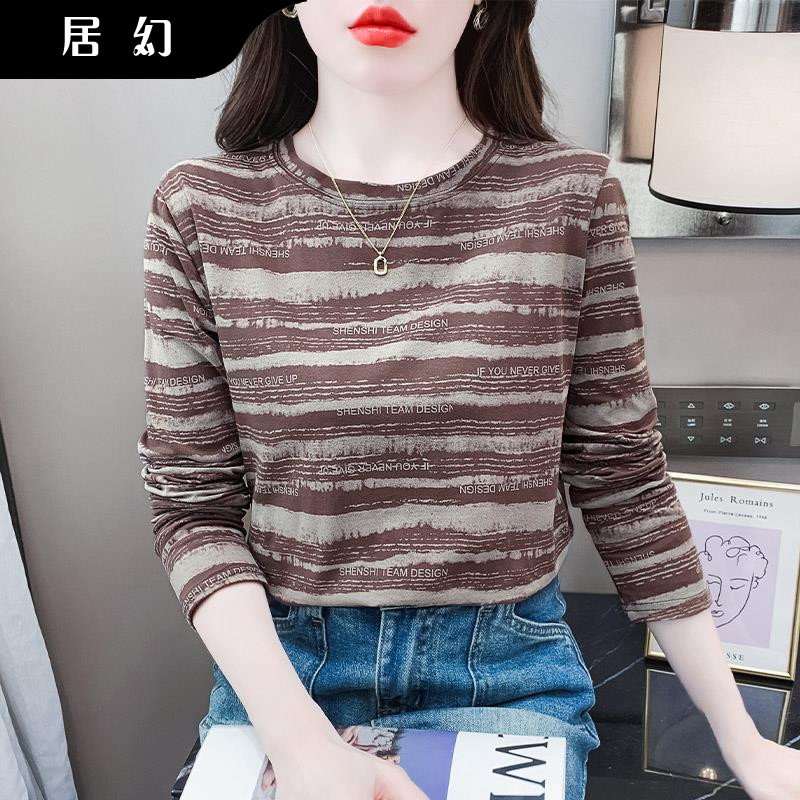 居幻潮流长袖t恤女装2025新款秋冬内搭打底衫修身覆古条纹上衣服