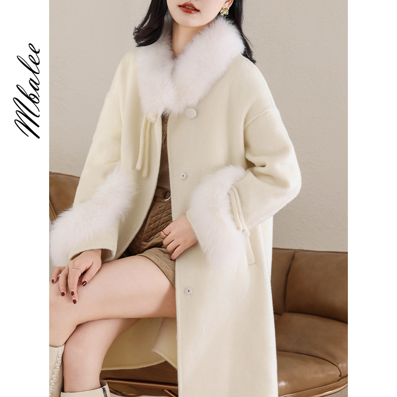 品牌真狐狸毛领双面呢大衣女中长款鹅绒内胆零羊绒羊毛呢外套新款