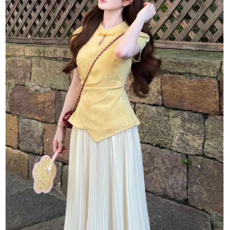 [运补6]636-4#新中式提花撞色套装新款掐腰短袖上衣百褶裙两件套