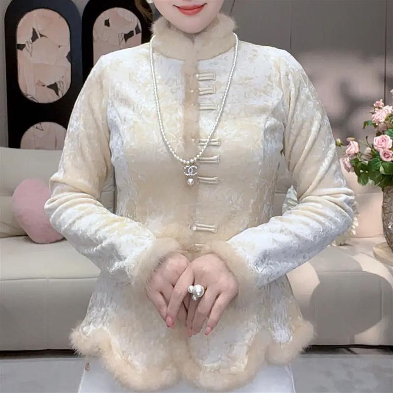 新中式立领国风气质上衣Y保暖洋气百搭打底加绒显瘦高端提花时尚