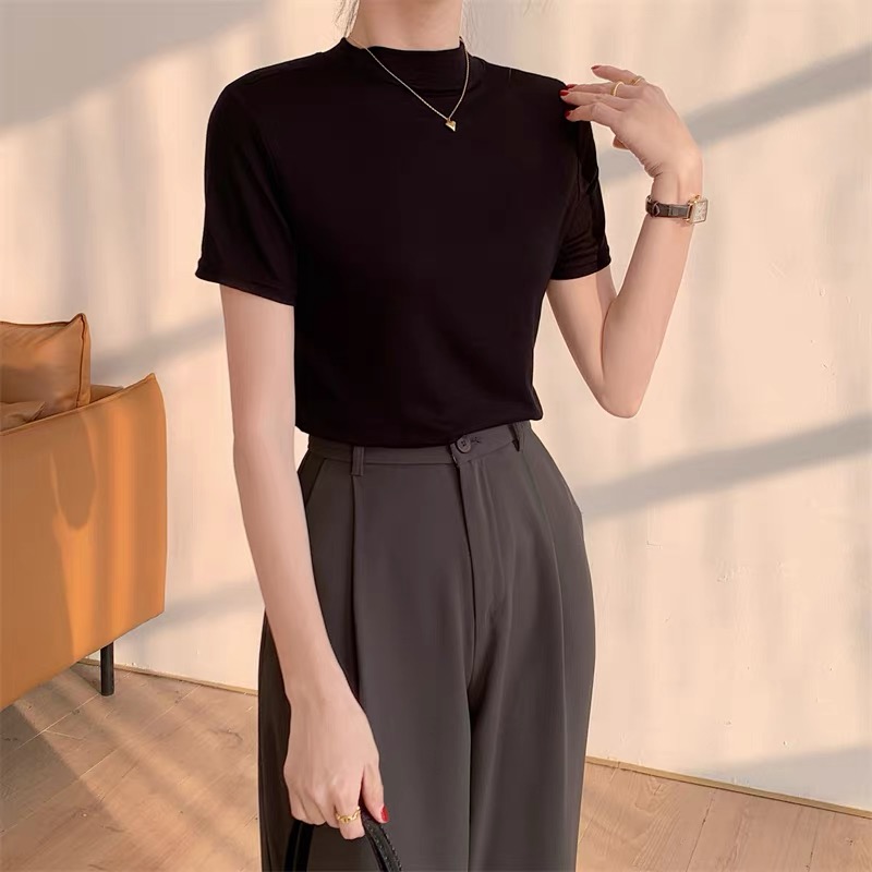 夏季纯色小立领短袖t恤上衣女打底衫半高领螺纹弹力棉百搭显瘦