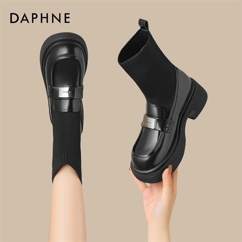 达芙妮连袜乐福鞋女2025新款春秋短靴英伦风厚底针织弹力瘦瘦袜靴