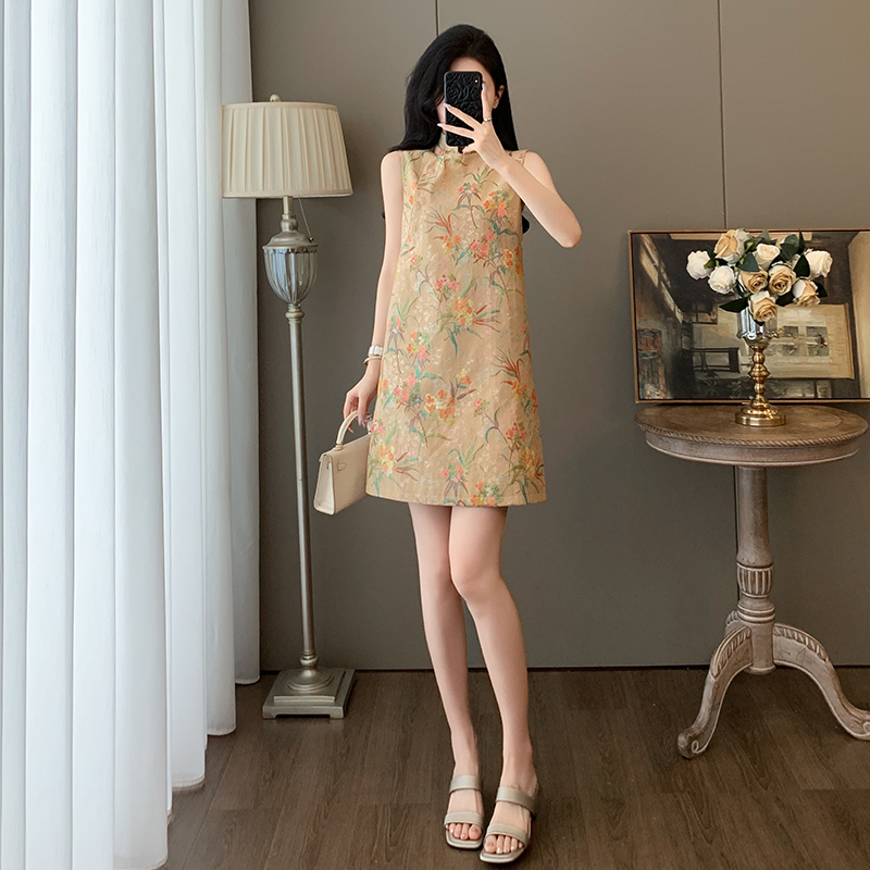 夏季时尚新中式无袖提花连衣裙女国风气质立领绝美宽松改良旗袍裙