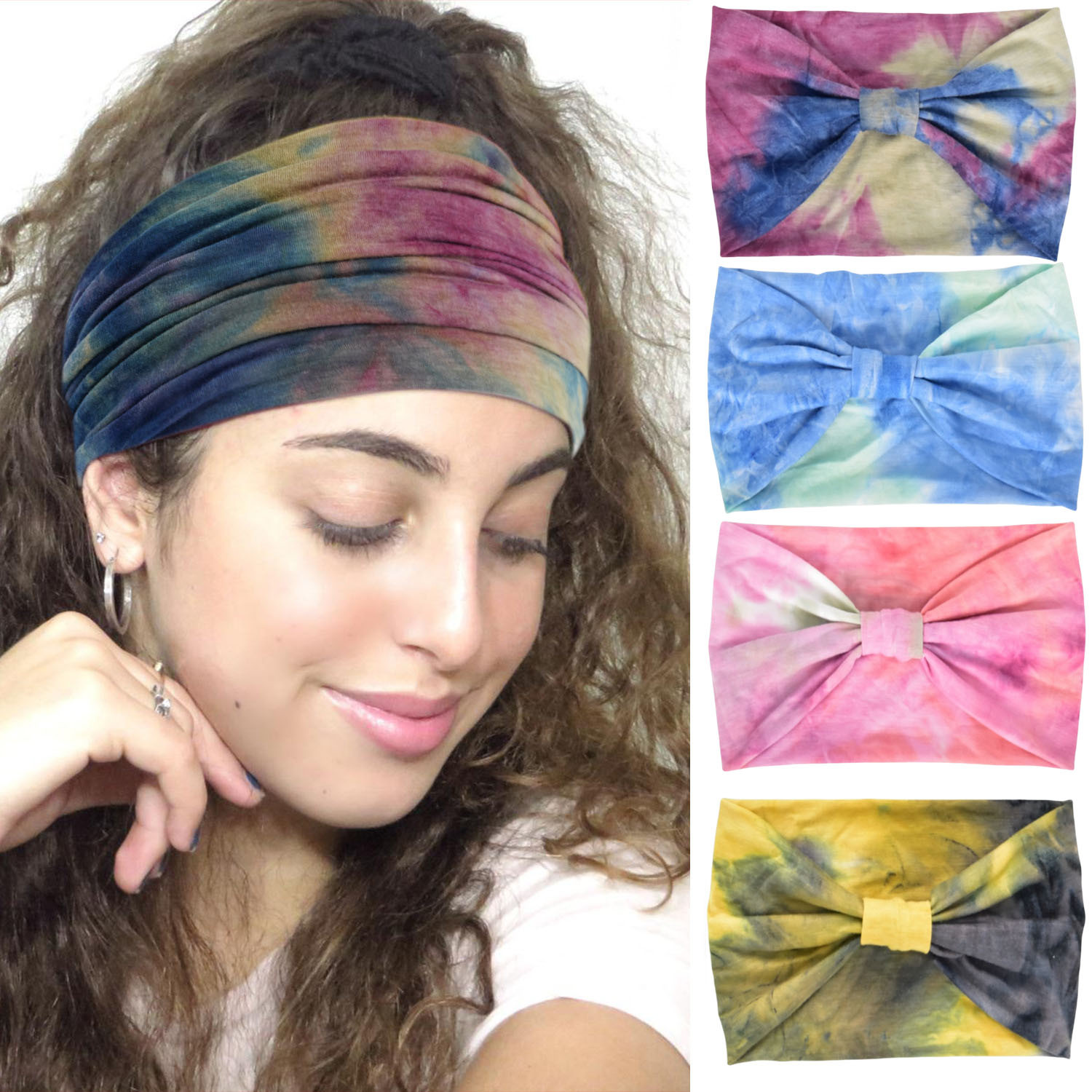 扎染彩虹色瑜伽运动发带弹力女士吸汗止汗头带波西米亚风格