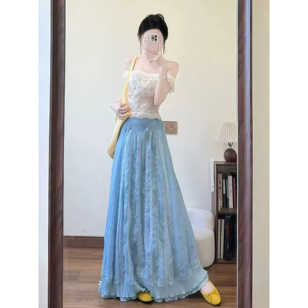 一整套法式气质温柔风荡领短袖上衣女夏季ootd穿搭高腰包臀半身裙