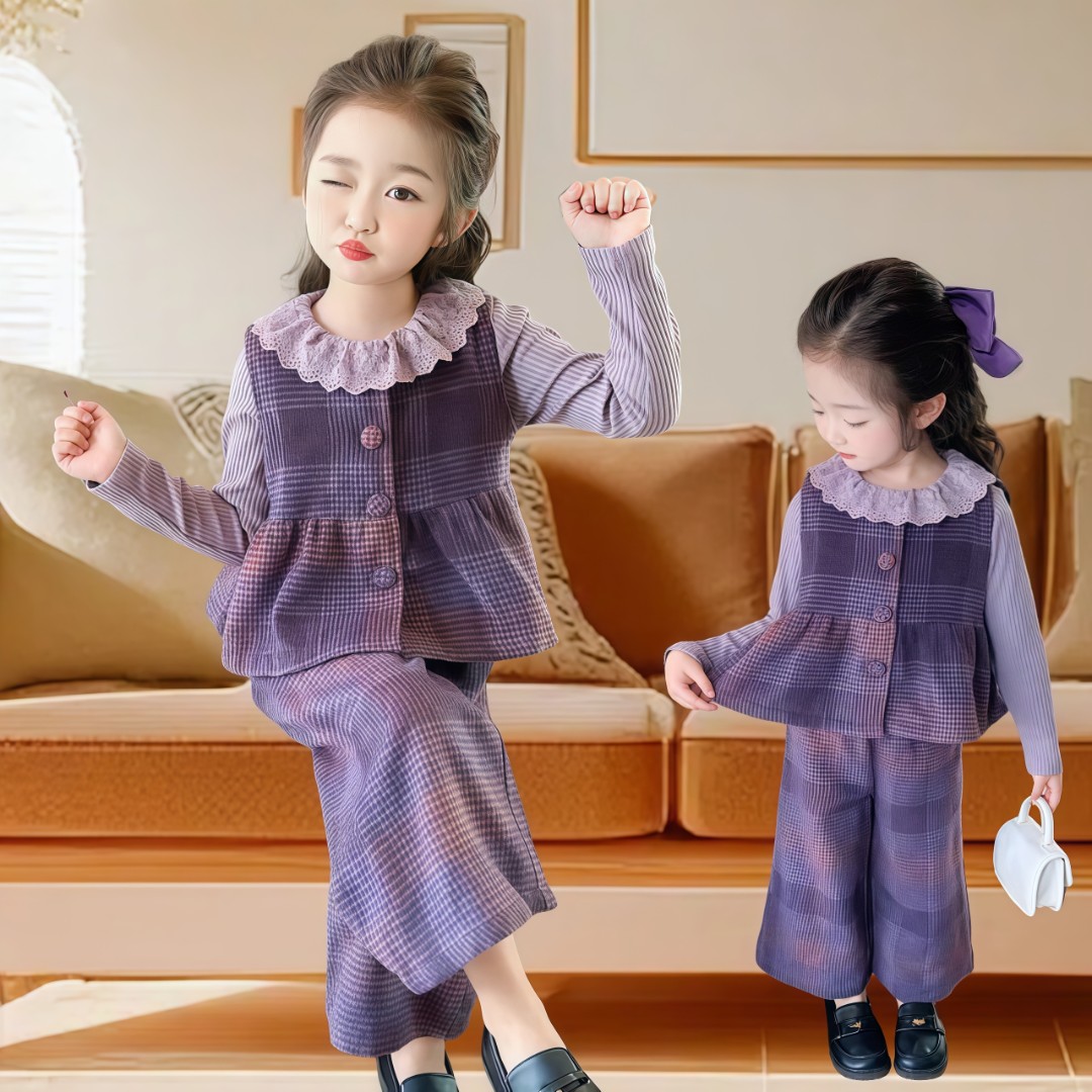 女童春装小香风三件套装儿童宝宝女孩时髦洋气休闲时尚格子春秋款