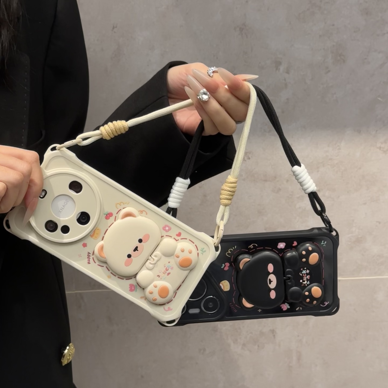 欧克里里小熊镜子支架适用苹果16四角挂绳手机壳华为oppo小米vivo