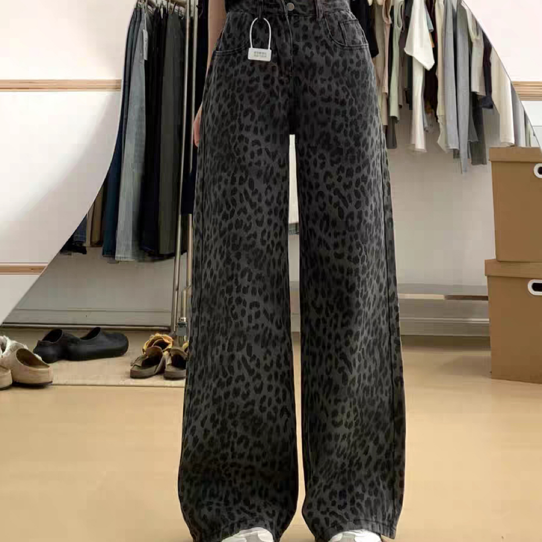 小个子定制美式复古黑色豹纹软牛仔秋冬加厚高腰直筒松弛感阔腿裤