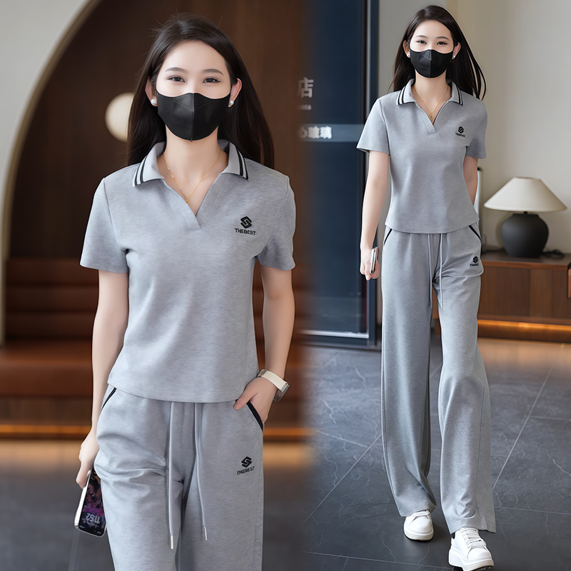 慵懒风休闲运动服套装女2026年夏季新款洋气翻领短袖阔腿裤两件套