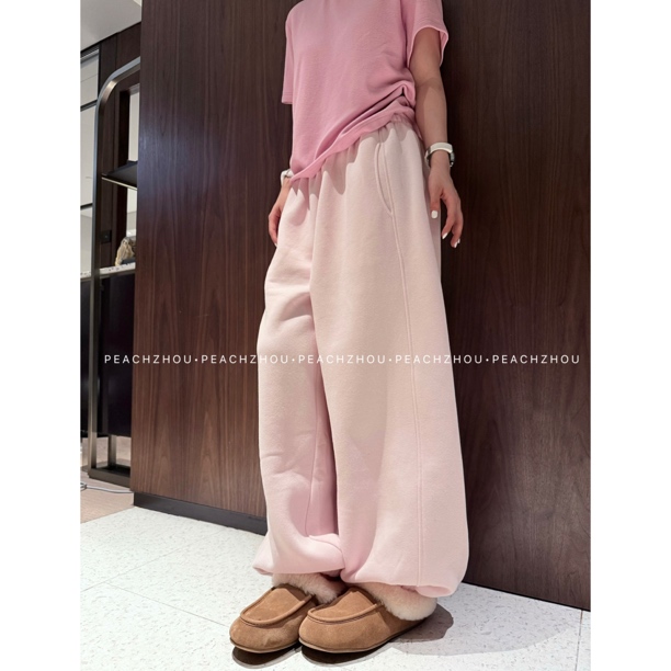 PEACHZHOU 浅粉加绒'韩国卫裤'松紧腰直筒休闲裤宽松保暖束脚裤