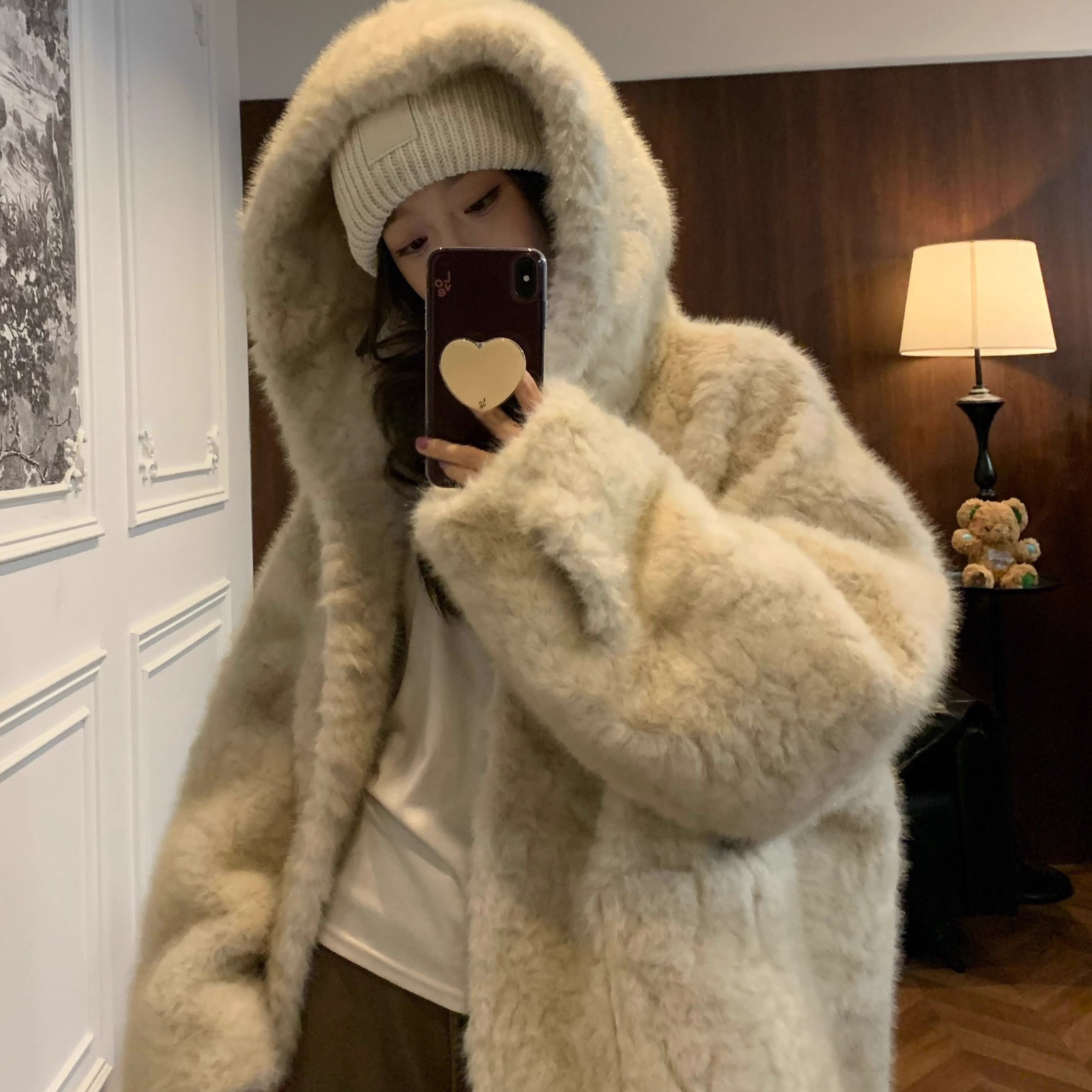 2025秋冬新款韩版仿羊羔毛连帽外套女宽松毛毛皮草大衣皮毛一体