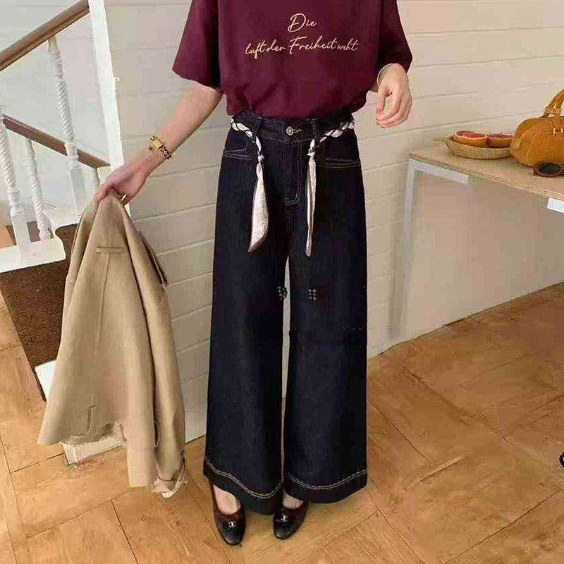 大码韩系丹宁蓝刺绣高腰宽松阔腿牛仔裤女秋季梨形身材显瘦九分裤
