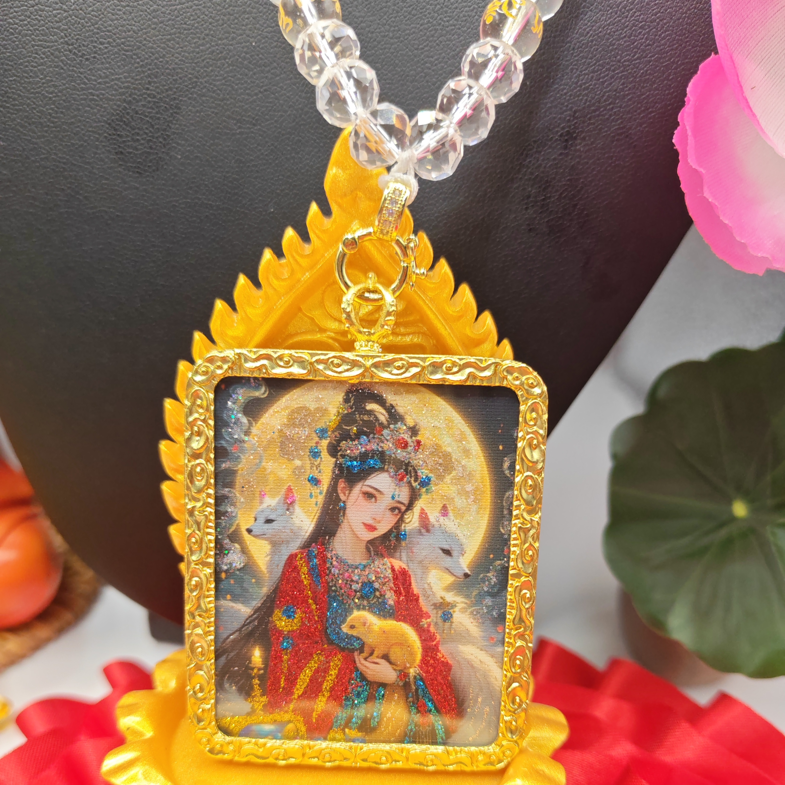 新款唐卡九尾狐娘娘纯手工洒金描金彩金狐狸吊坠嘎乌壳项链可定制