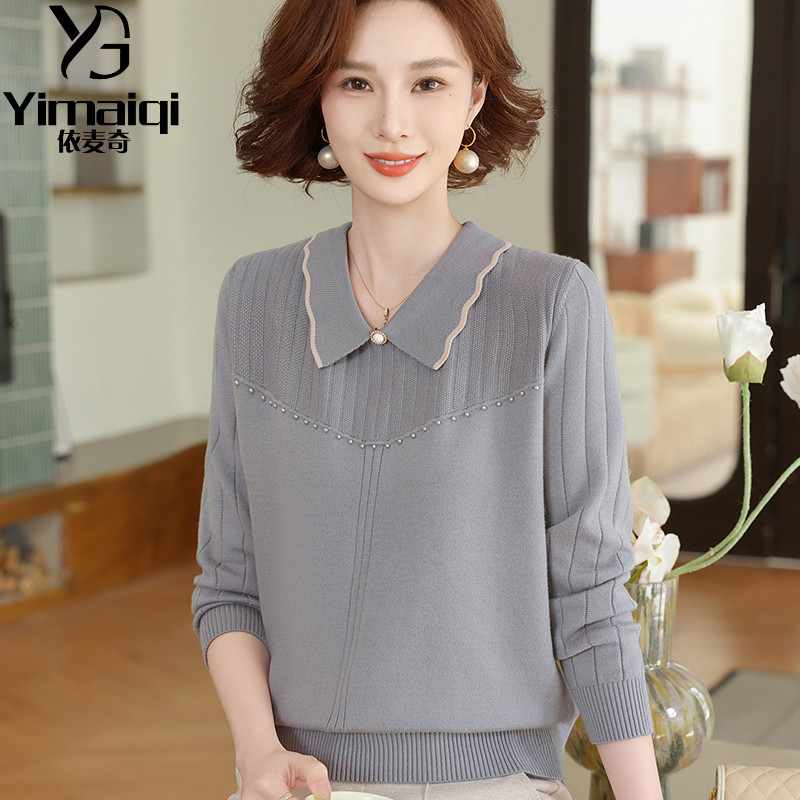 中老年秋装时尚翻领针织长袖小衫妈妈秋款洋气减龄纯色套头针织衫