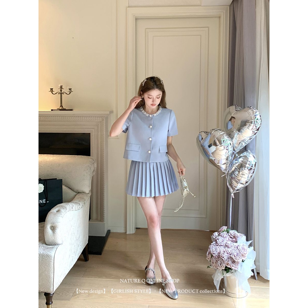 法式富家千金小香风套装女夏气质高级感上衣两件套百褶裙裤