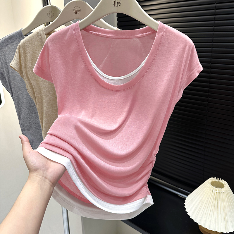 设计感粉色撞色假两件上衣女夏季外穿圆领短袖T恤褶皱收腰打底衫