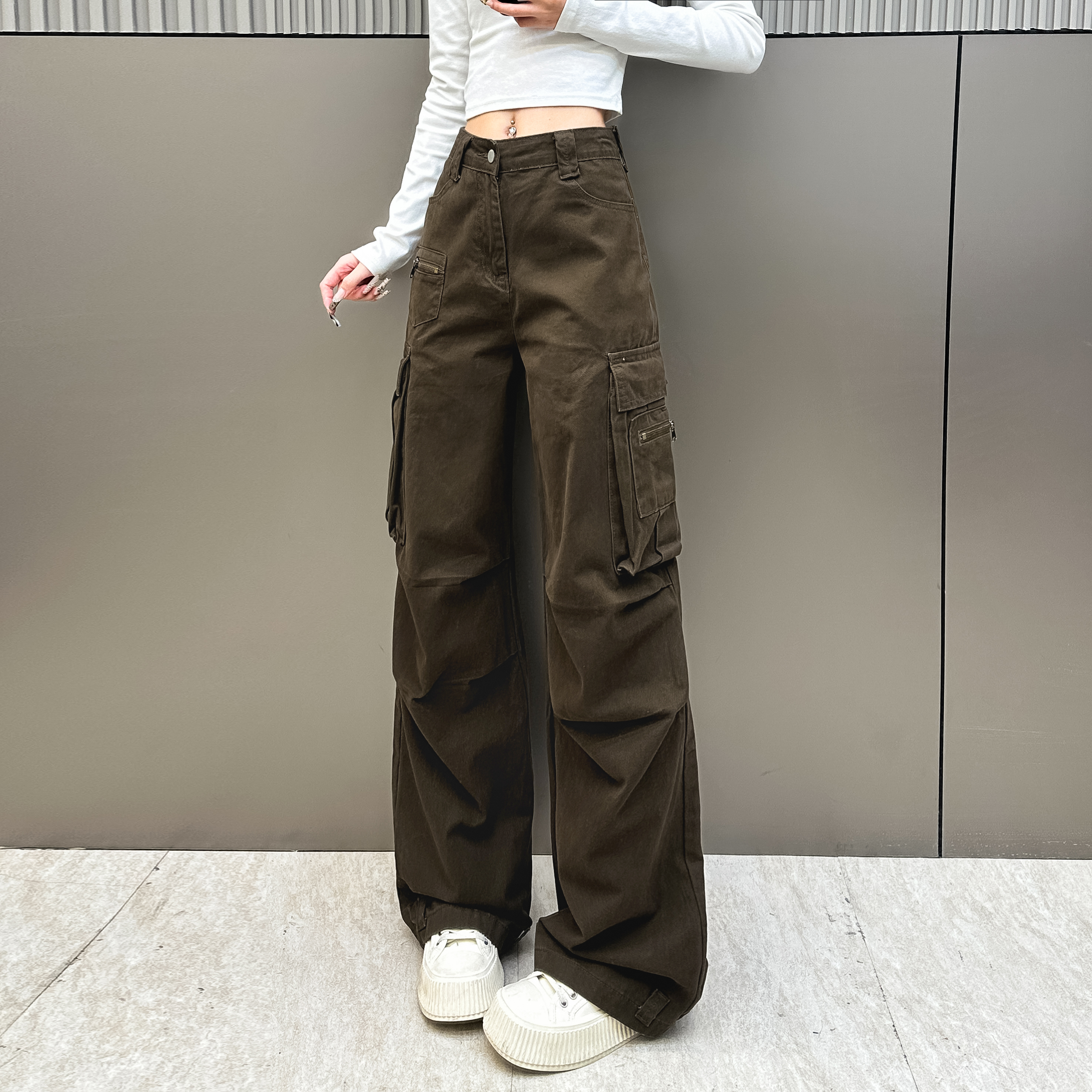 2026春款美式酷飒辣妹设计感工装裤女宽松直筒拖地阔腿裤Y1013