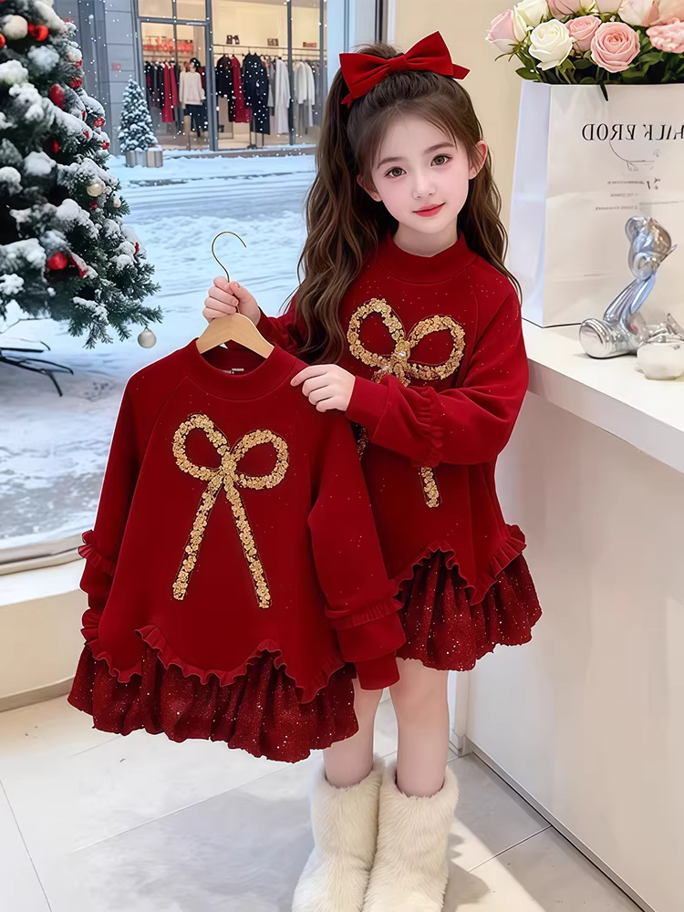 女童新年连衣裙冬季2025新款儿童加绒卫衣裙中大童冬装红色拜年服