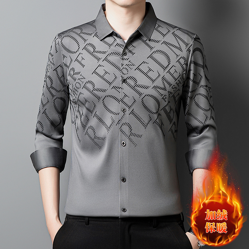 老爷车衬衫男保暖免烫冬季加厚休闲无痕弹力字母时尚高档长袖衬衣