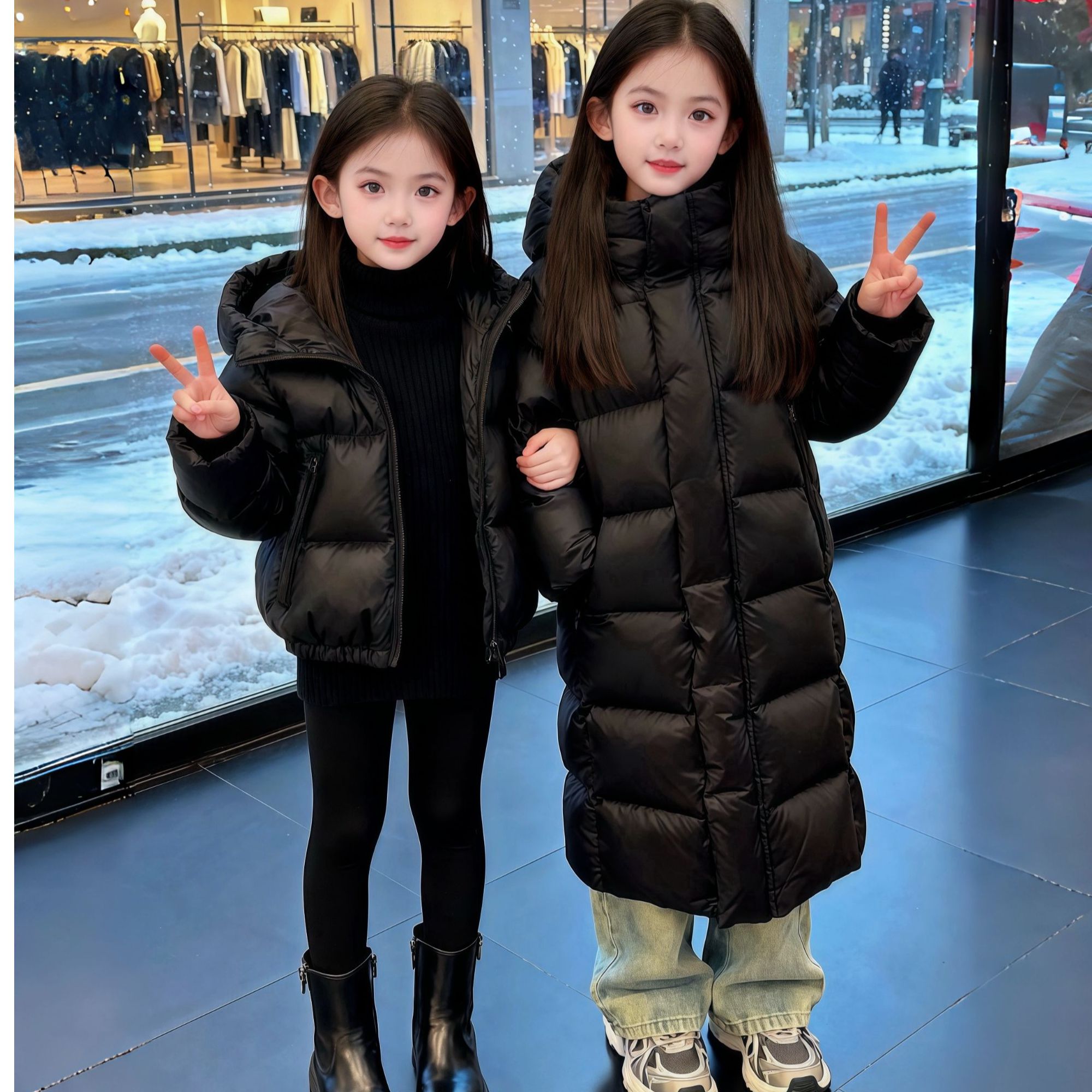 （加厚 质保一年 ）新款儿童亲子装中长款黑钻加厚过膝款儿童羽绒服