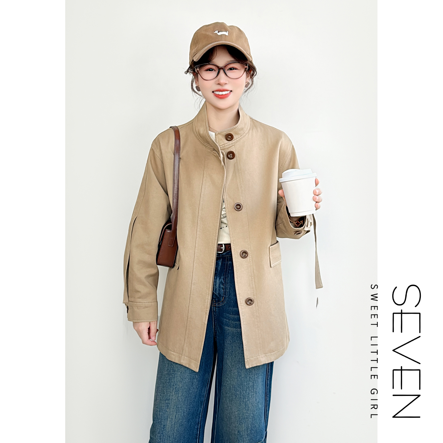 40现货⑧七七146小个子卡其色天丝短款休闲百搭风衣外套女款小美说