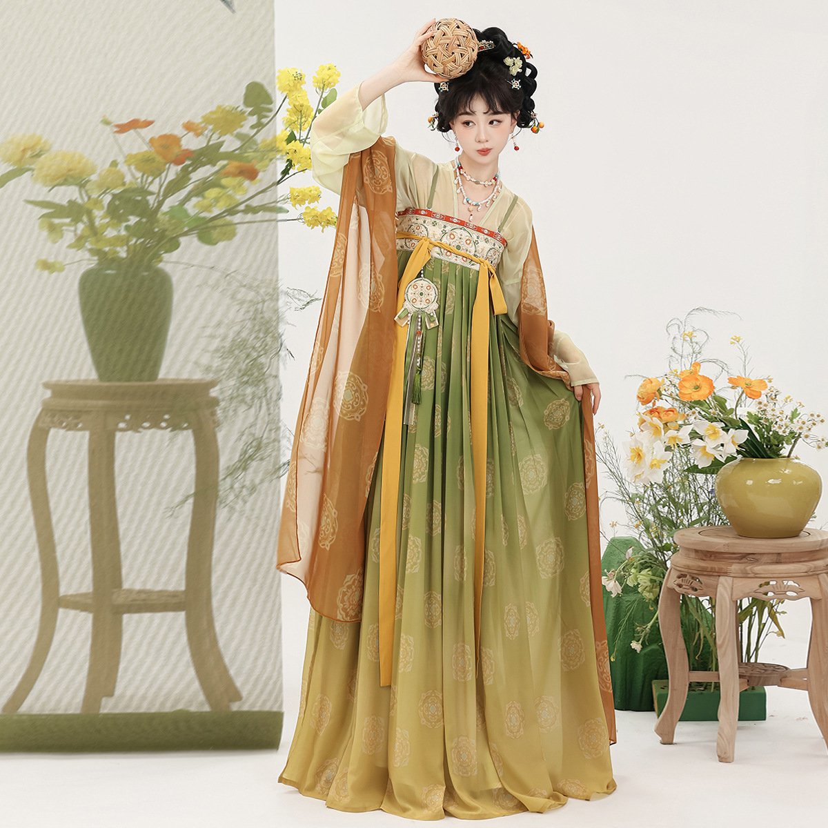 【长安赋】唐制汉服女中国风披帛上襦齐胸裙套装春夏古风印花齐胸裙