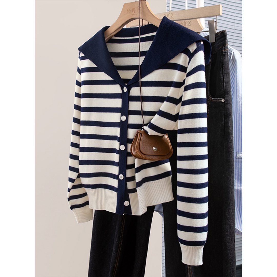 海军领条纹针织开衫女2025春秋新款设计感撞色薄款毛衣外套短上衣