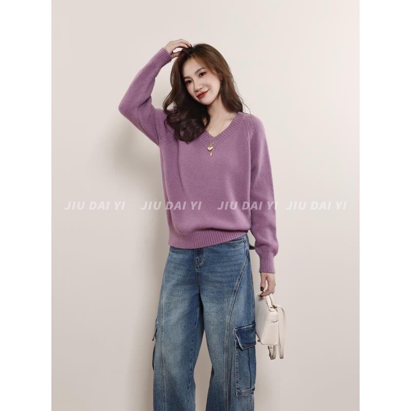 玖黛衣【彩虹糖】秋季搭配纯色V领韩系穿搭必备针织XSP45075
