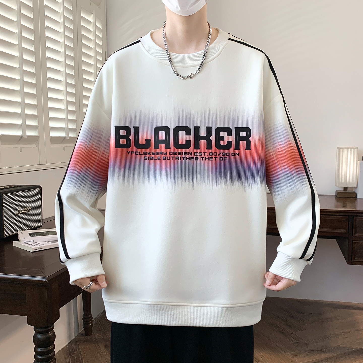 秋季新款青少年2025潮牌印花卫衣宽松舒适条纹袖设计男生百搭卫衣