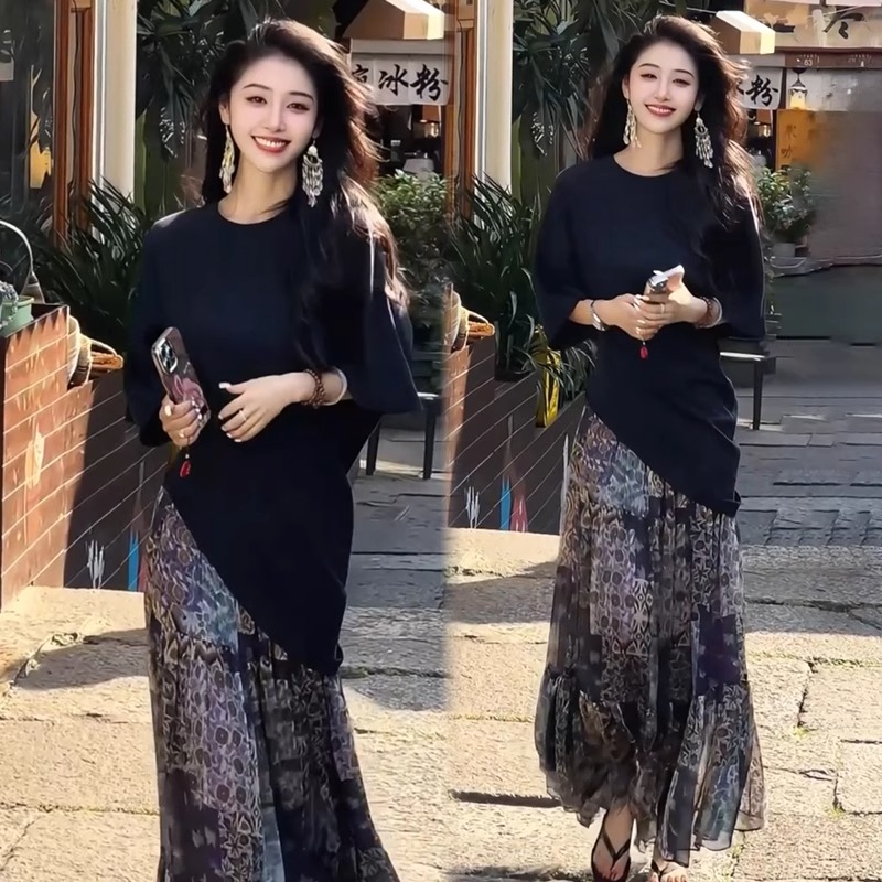 拉夏贝尔时尚套装裙女2025夏季新款时髦洋气不规则短袖上衣半身裙