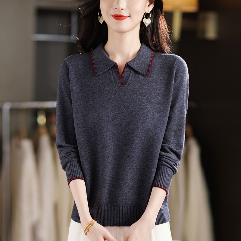 Polo领上衣女春秋大码洋气针织衫宽松显瘦内搭秋冬时尚毛衣打底衫