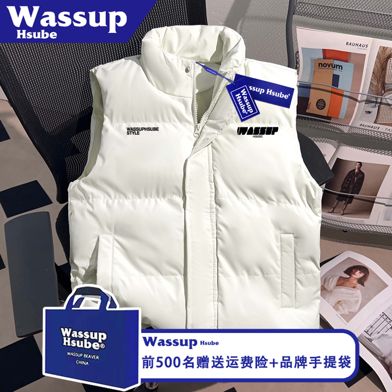 WASSUP HSUBE趣味印花原宿风加厚马甲秋冬美式男女款拉链米色上衣