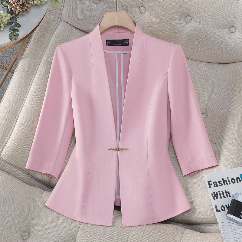 休闲洋气粉色小西装外套女春夏季薄款短款无领七分袖通勤气质西服