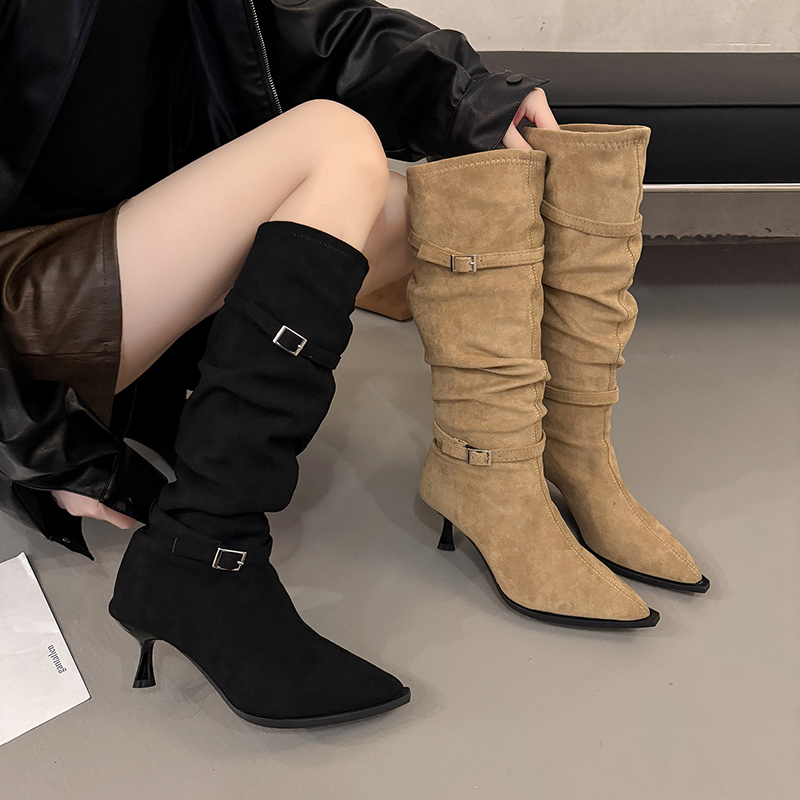 褶皱靴方头秋冬时尚女靴粗跟高跟时装靴西部牛仔靴高筒尖头瘦瘦靴