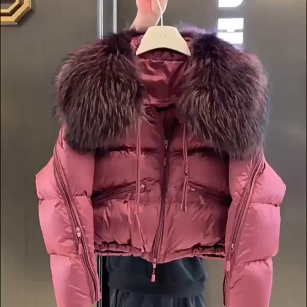 洋气梅子色大毛领棉服短款外套女2025冬季保暖加厚设计感面包服