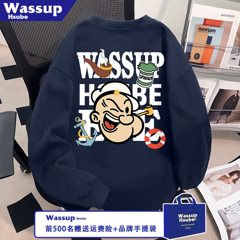 WASSUP HSUBE大力菠菜印花T恤ins秋季男女藏青色长袖100%纯棉上衣