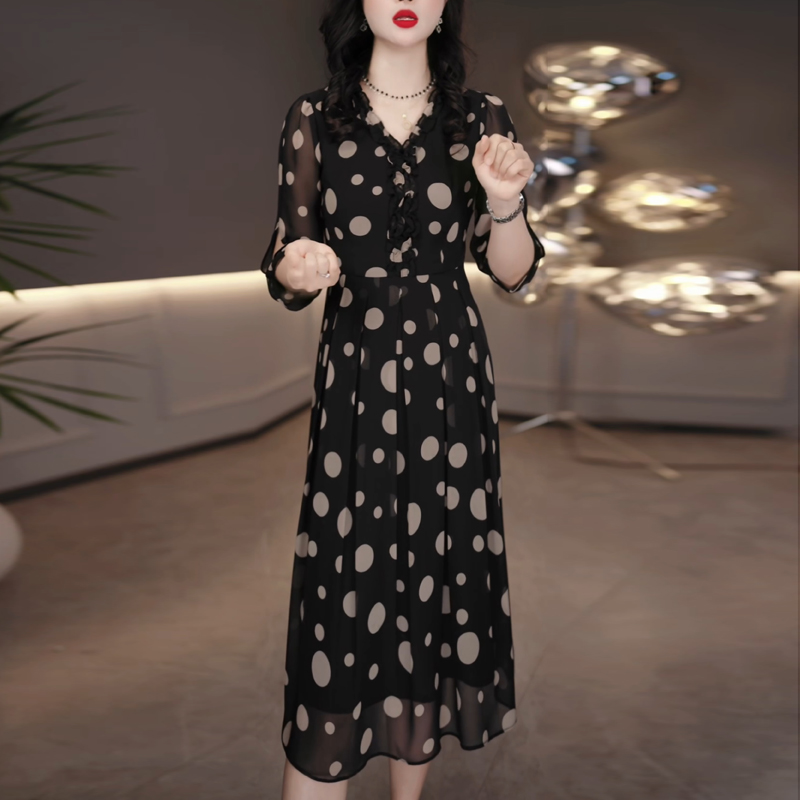 2025早秋新款时尚气质连衣裙女士优雅减龄显瘦遮肉黑色波点中长裙