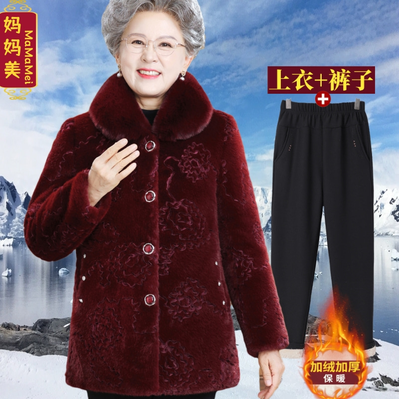 妈妈冬装加绒加厚大衣60岁70气质中老年女宽松保暖外套棉衣奶奶装