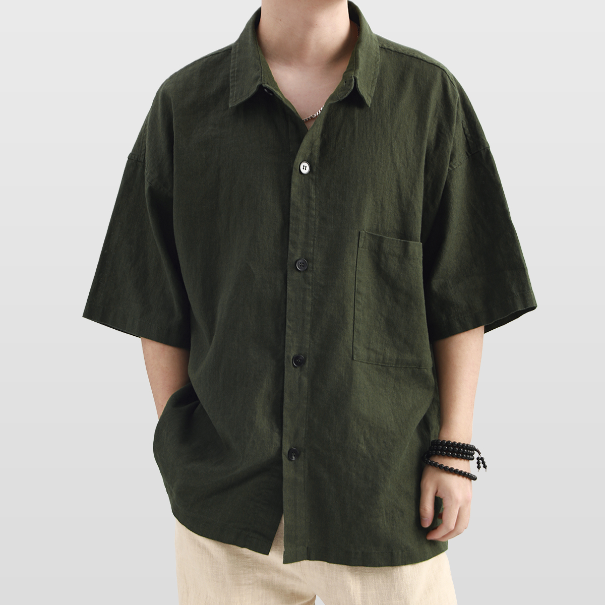 男士五分袖雨露麻衬衫宽松翻领百搭慵懒老钱风夏季棉麻透气上衣男